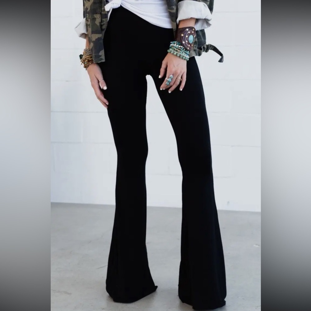 002 - Cher Solid Black Raw Edge Flared Women's Pant